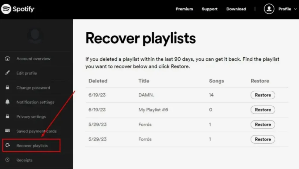 How to restore songs to my Spotify playlist?
